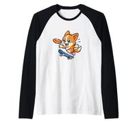 Corgi Flying Disc Skate Cartoon Raglan Baseball Tee