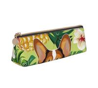 Corgi Hawaiian Tropical Summer Pineapple Printed Leather Pencil Case Triangle Pen Pencil Pouch Office Large Pencil Bag Stationery Box for Men Women Teens Students