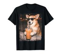 Corgi in Sunglasses Drinking Iced Coffee At Night T-Shirt