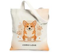 Corgi Lover Quote Fanciful Canvas Tote Bag 13x15 Inch | Corgi illustration, soft linen texture, Animal lover theme, daily errand bag, warm beige tones