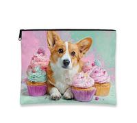 Corgi Makeup Bag, Cute Dog Cupcake Design Cosmetic Travel Pouch for Women, Portable Small Canvas Zipper Organizer, Birthday Gift Skincare Toiletry Bag, Peach, 7x9 Inch, Corgi