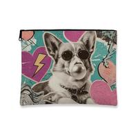 Corgi Makeup Bag, Retro Dog Portrait Cosmetic Travel Pouch for Women, Fun Small Canvas Zipper Case, Ideal Gift for Animal Lovers, Everyday Use, Birthday Gift, Teal, 7x9 Inch, Corgi