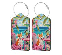 Corgi On Pink Ocean Chair Coffee Luggage Tag for Suitcase 2 Pack Leather Luggage Tag with Privacy Flap Name Id Label and Metal Loop for Women Men Travel