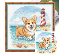 Corgi on The Beach Full 14CT DIY Stamped Cross Stitch Kits 11.81x11.81inch Embroidery Needlepoint Starter Kits for Beginners Adults Home Decor