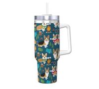 Corgi Print 40oz with Straw and Lid, Stainless Steel Double Wall Vacuum Insulated Coffee Mug for Hot and Cold Coffee, Travel Mug with Handle