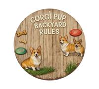 Corgi Puppy Backyard Rules Retro Round Metal Tin Sign Plaque