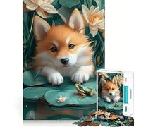 Corgi Puppy with Frog on Lilypad Jigsaw Puzzles for Adults 1000 Mental Skill, Sharp Edge, Enjoyable Challenge, Christmas Surprise (50x75cm)
