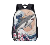 Corgi Riding Dolphin 17 Inch Backpack Ukiyo-e Style Japanese Wave School Bag for Students Novelty Printed Laptop Bag (09)
