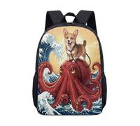 Corgi Riding Dolphin 17 Inch Backpack Ukiyo-e Style Japanese Wave School Bag for Students Novelty Printed Laptop Bag (08)
