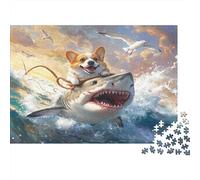 Corgi Riding Shark Jigsaw Puzzles Puzzles for Adults Kids. 1000 Pieces Stormy Ocean Challenge Toy Educational Games Home Decoration for Educational Games Gifts 1000pcs (75x50cm)