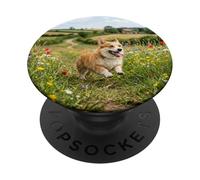 Corgi Running Flower Meadow Countryside Path Scene PopSockets Adhesive PopGrip