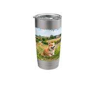 Corgi Running Flower Meadow Countryside Path Scene Stainless Steel Insulated Tumbler