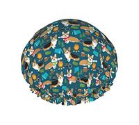 Corgi Shower Cap Reusable Bath Hair Cap Double Layer Waterproof Bathing Shower Hat for Ladies, Men, Kids, Spa or Salon