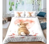 Corgi Super King Size Duvet Cover Sets Hearts Bedding Set 3D Print Soft Microfiber Quilt Covers 260x220 cm with Zipper Closure and 2 Pillowcases 50x75 cm for Adults M.1055