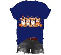 Corgi Thanksgiving Shirt, Cute Thankful Dog Mom T-Shirt, Classic Graphic Print Women Men V-Neck Tshirt Sapphire Blue