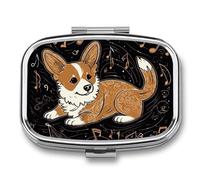 Corgi Who Loves Music Pill Box - 2 Compartment Travel Pill Organizer with Small Mirror, Portable Pillcase for Pocket & Purse, Cute Square Medicine Case, Weekly Medicine Container