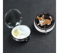 Corgi Who Loves Music Pill Case Portable Metal Pill Box 3 Compartment Pill Organizer Cute Travel Pill Container Vitamin Organizer for Purse Pocket Travel Gift