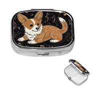 Corgi Who Loves Music Pill Case Portable Square Pill Box 2 Compartment Pill Organizer Cute Travel Pill Container Vitamin Organizer for Purse Pocket Travel Gift