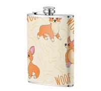 Corgi with Bones and Words,304 Stainless Steel 8oz Flask Pu Leather Case, Pocket Flagon Outdoor Flat Liquor Flask