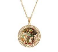 Corgis Dog Under The Tree Fashion Necklace Chain Round Graphic Pendant with Diamond Jewellery Golden-style