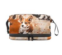 Corgis Pawprints on Grunge Double Layer Cosmetic Bag for Women and Girls, Travel Toiletry Bag Makeup Handy Pouch Organiser Bag with Brush Compartment