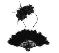 CORHAD 2pcs 2pcs Flapper Style Headband and Hand Fan Set | Black Plastic and Synthetic Plumage Pieces, Elastic Fit, Lightweight Wear for Cosplay Events and Carnival