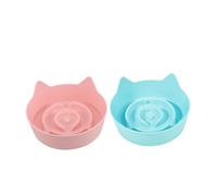 CORHAD 2pcs Cat Feeding Bowls Non-slip Slow Feeder Shallow Dish with Cat Ear Design Candy Colors Pink and Blue for Kittens Home Use