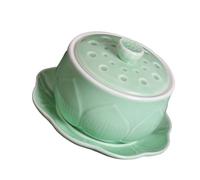 CORHAD Ceramic Buddhist Offering Cup with Lid Green Lotus Design Practical Water Sacrifice Cup for Home and Temple Use, Unique Delicate Shape for Religious Gifts and Worship