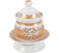 CORHAD Decorative Ceramic Tibetan Water Cup with Tray and Lid, Delicate Lightweight Offering Mug for Buddhist Temple Ceremony or Home Altar