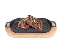 CORHAD Rectangular Steak Plate Iron 22cm with Wooden Tray Non-Stick Grill Pan for Teppanyaki and Commercial Cooking