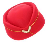 CORHAD Red Air Hostess Hat Felt Costume Cap with Wing Emblem and Elastic Chin Strap for Stage Performance and Costume Party, Elegant Airline Stewardess Design, Super Smooth Texture
