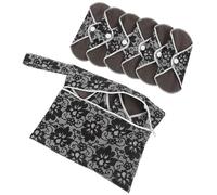 CORHAD Reusable Bamboo Charcoal Sanitary Pads 6pcs Set with Black Floral Print and Washable Storage Bag, Soft Menstrual Pads for Women’s Period Care and Postpartum Nursing