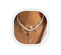 Coridy Pearl Necklace Layered Necklaces 3PCS Beach Necklaces Starfish Pendent Conch Pearl Choker Neck Gold Layered Jewelry Set for Women