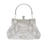 CORIOS 1920s Vintage Beaded Evening Bag for Women Pearl Clutch Bag Sequin Handbag Bridal Wedding Purse Exquisite Handmade Embroidery Shoulder Bag Glitter Crossbody Bag for Cocktail Prom Party Silver