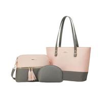 CORIOS 3Pcs Set Women Tote Handbag Premium PU Leather Shoulder Crossbody Bag Large Capacity Messenger Hobo Bag Color Block Top Handle Satchel Purse with Tassel for Work Travel Shopping Pink Grey
