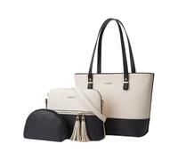 CORIOS 3Pcs Set Women Tote Handbag Premium PU Leather Shoulder Crossbody Bag Large Capacity Messenger Hobo Bag Color Block Top Handle Satchel Purse with Tassel for Work Travel Shopping White Black