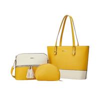 CORIOS 3Pcs Set Women Tote Handbag Premium PU Leather Shoulder Crossbody Bag Large Capacity Messenger Hobo Bag Color Block Top Handle Satchel Purse with Tassel for Work Travel Shopping White Yellow
