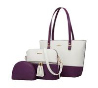 CORIOS 3Pcs Set Women Tote Handbag Premium PU Leather Shoulder Crossbody Bag Large Capacity Messenger Hobo Bag Color Block Top Handle Satchel Purse with Tassel for Work Travel Shopping White Purple