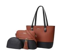 CORIOS 3Pcs Set Women Tote Handbag Premium PU Leather Shoulder Crossbody Bag Large Capacity Messenger Hobo Bag Color Block Top Handle Satchel Purse with Tassel for Work Travel Shopping Brown Black