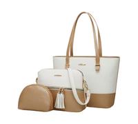 CORIOS 3Pcs Set Women Tote Handbag Premium PU Leather Shoulder Crossbody Bag Large Capacity Messenger Hobo Bag Color Block Top Handle Satchel Purse with Tassel for Work Travel Shopping White Gold