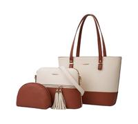 CORIOS 3Pcs Set Women Tote Handbag Premium PU Leather Shoulder Crossbody Bag Large Capacity Messenger Hobo Bag Color Block Top Handle Satchel Purse with Tassel for Work Travel Shopping White Brown