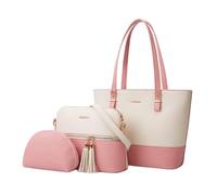 CORIOS 3Pcs Set Women Tote Handbag Premium PU Leather Shoulder Crossbody Bag Large Capacity Messenger Hobo Bag Color Block Top Handle Satchel Purse with Tassel for Work Travel Shopping White Pink
