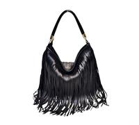 CORIOS Bohemian Fringe Leather Shoulder Bag for Women Dual-Side Tassel Handbag Underarm Purse Soft PU Leather Tote Top Handle Hobo Bag for Casual Outfit Daily Use Gift Idea Black