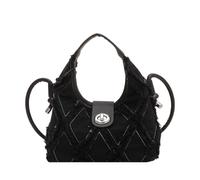 CORIOS Fashion Denim Handbag for Women Jean Purse Shoulder Crossbody Bag with Unique Quilted Fringe Design Elegant Satchel Messenger Bag Small Tote Top Handle Bag for Shopping Travel Work Black