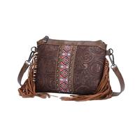 CORIOS Fringe Crossbody Bag for Women Boho Hobo Shoulder Bag Messenger Satchel Bag with Ethnic Floral Emboss Summer Beach Bag Bohemian Top Handle Bag with Tassels PU Leather Tote Handbag Chestnut