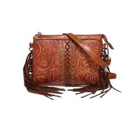 CORIOS Fringe Crossbody Bag for Women Boho Hobo Shoulder Bag Messenger Satchel Bag with Ethnic Floral Emboss Summer Beach Bag Bohemian Top Handle Bag with Tassels PU Leather Tote Handbag Brown