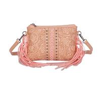 CORIOS Fringe Crossbody Bag for Women Boho Hobo Shoulder Bag Messenger Satchel Bag with Ethnic Floral Emboss Summer Beach Bag Bohemian Top Handle Bag with Tassels PU Leather Tote Handbag Pink
