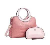 CORIOS PU Leather Handbag for Women Crocodile Embossed Shoulder Bag Waterproof Crossbody Bag Large Capacity Messenger Bag Vintage Satchel Bag Elegant Top-handle Bag with Coin Purse 2pcs Set Pink