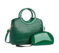 CORIOS PU Leather Handbag for Women Crocodile Embossed Shoulder Bag Waterproof Crossbody Bag Large Capacity Messenger Bag Vintage Satchel Bag Elegant Top-handle Bag with Coin Purse 2pcs Set Green