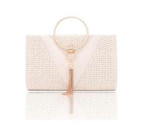 CORIOS Straw Evening Bag for Women Handwoven Clutch with Tassel Ladies Handbag with Detachable Chain Bridal Wedding Purse Elegant Fringed Shoulder Crossbody Bag for Prom Cocktail Party White